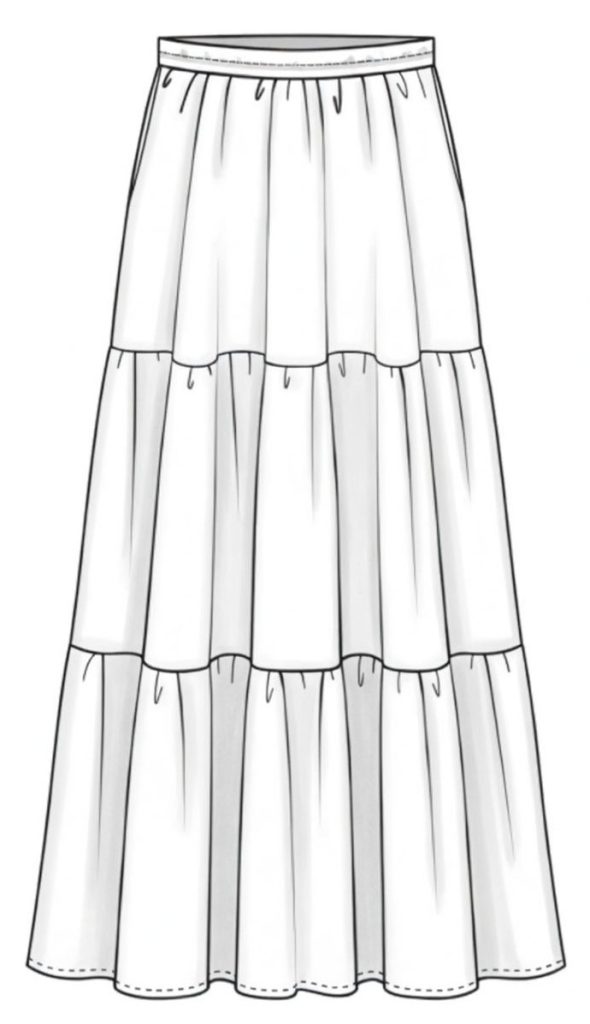 A simple illustration of a white, tiered maxi skirt featuring an elastic waistband and multiple ruffled layers.