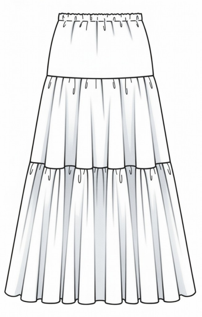 A plain white tiered maxi skirt with an elastic waistband.
