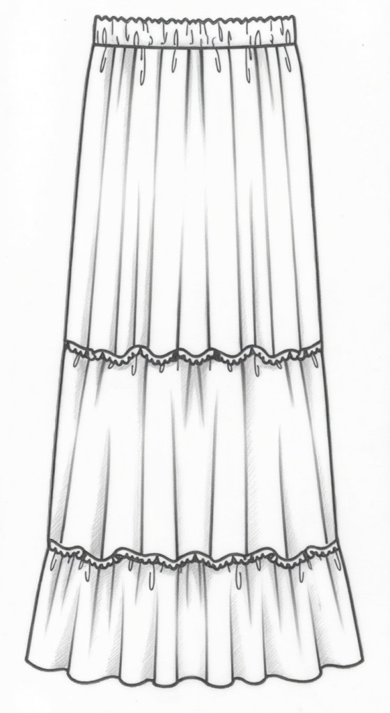 A sketch of a long, white tiered skirt with a ruffled hem and an elastic waistband.